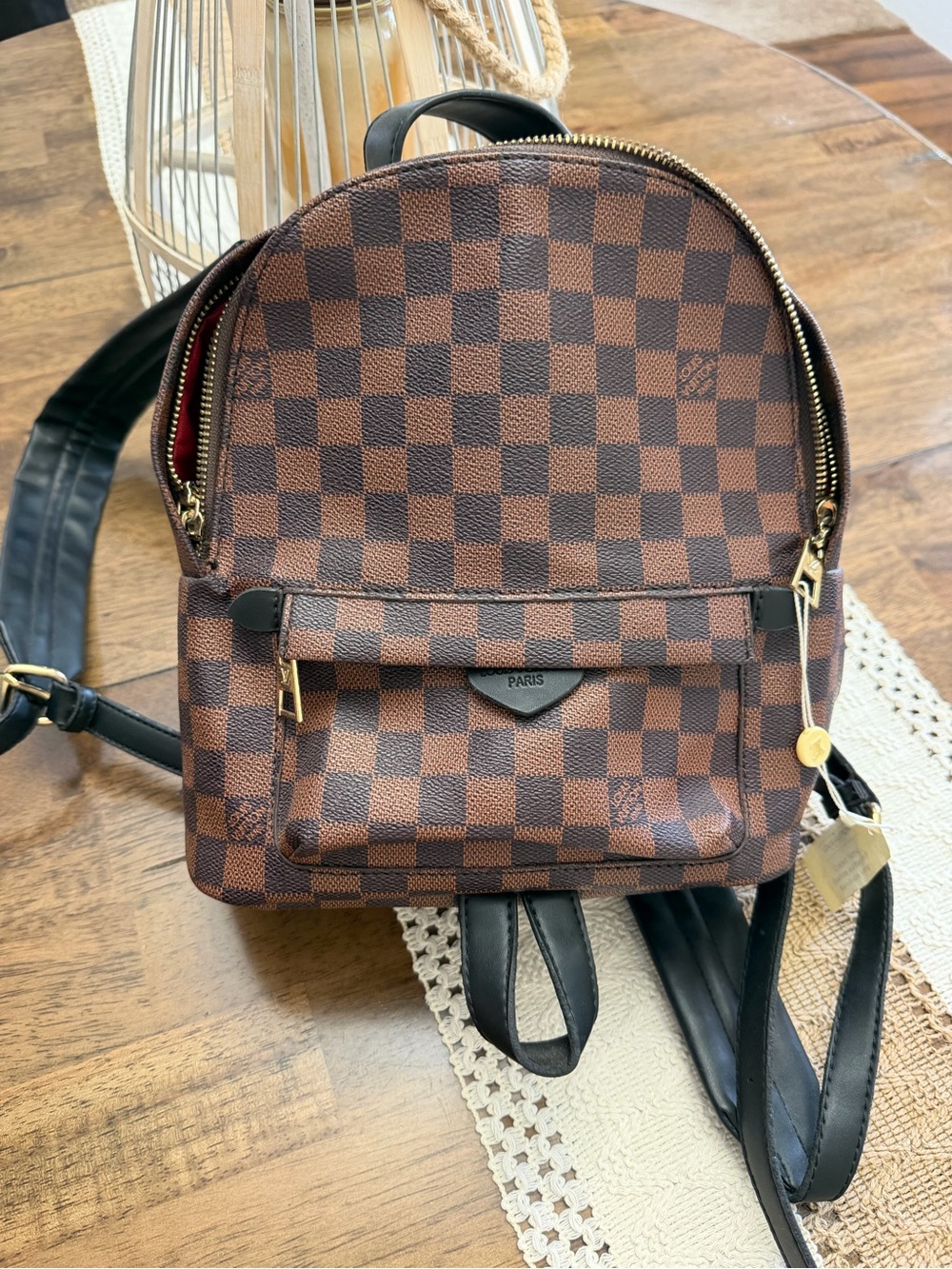 Brown Check Mini Backpack with Red Interior